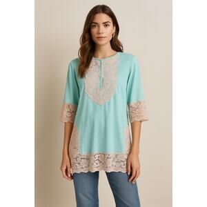 Vintage Boho Aqua Blue Lace‎ Trim Tunic Top with Feminine Pink Lace Details